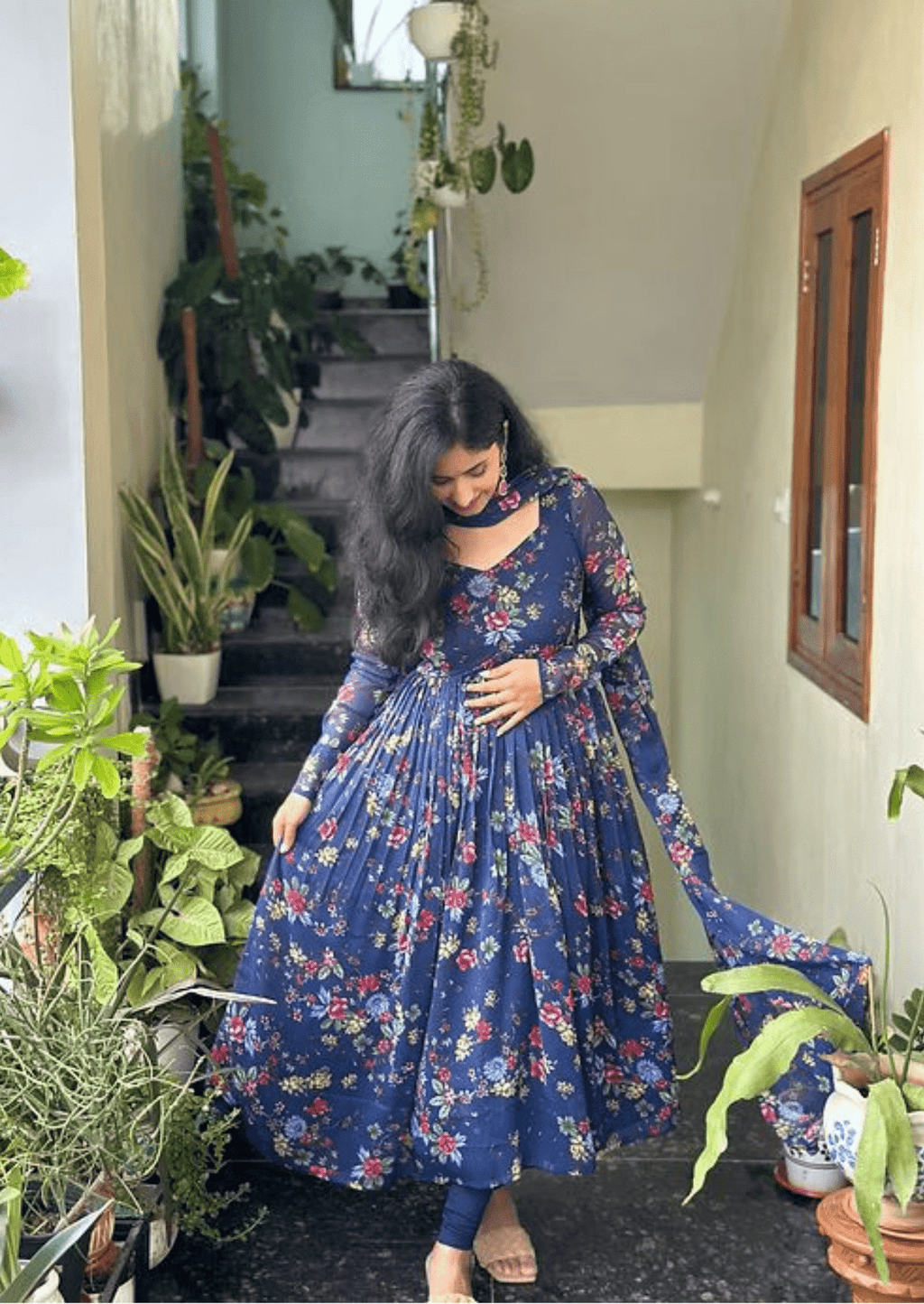 Navy Blue Floral Anarkali Kurti with Dupatta
