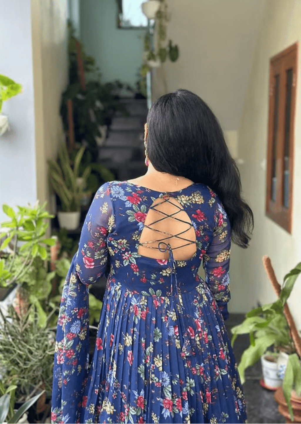 Navy Blue Floral Anarkali Kurti with Dupatta